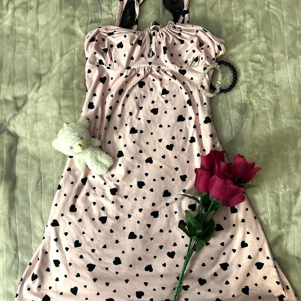Pink Nightgown with Black Heart Print and Lace Trim
